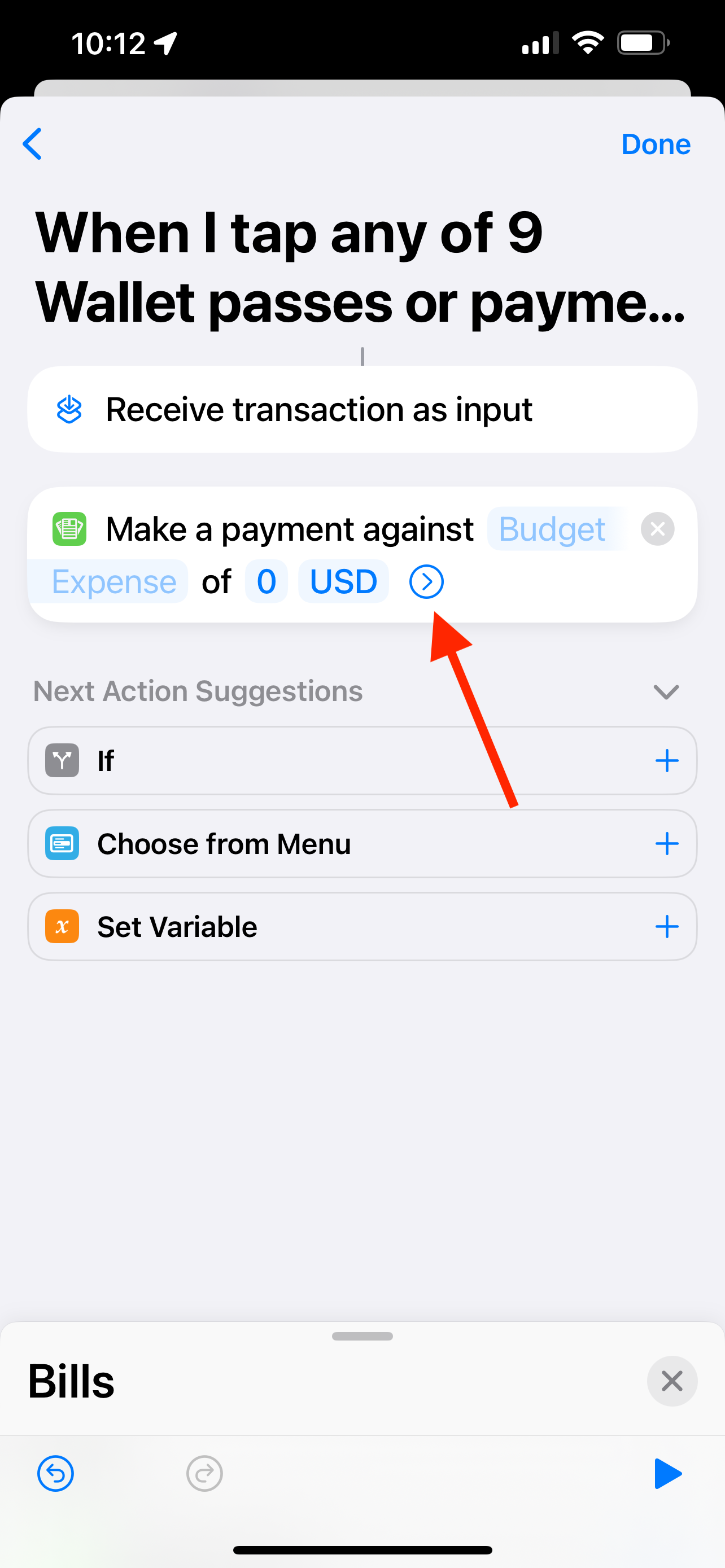 Selecting the amount field in Shortcuts